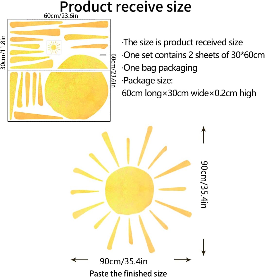 Watercolor Boho Sun Wall Decals Peel and Stick / Boho Sun-3 / Yellow / 35.4 x 35.4