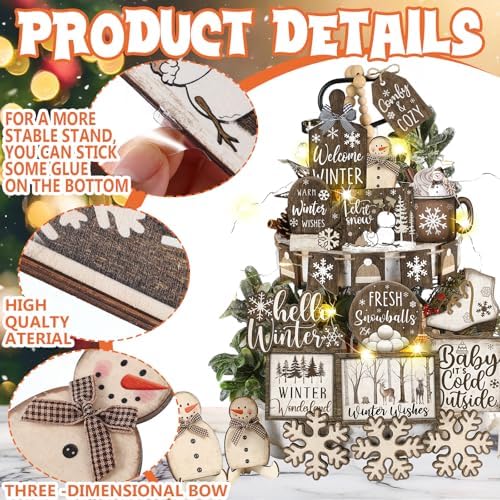 Shellwei 23 Pcs Winter Tiered Tray Decor Set Wood Rustic Hello Winter Snowman Snowflake Decoration Christmas Farmhouse Decor Xmas Signs for Christmas Decorative Trays Table Shelf Home Centerpiece