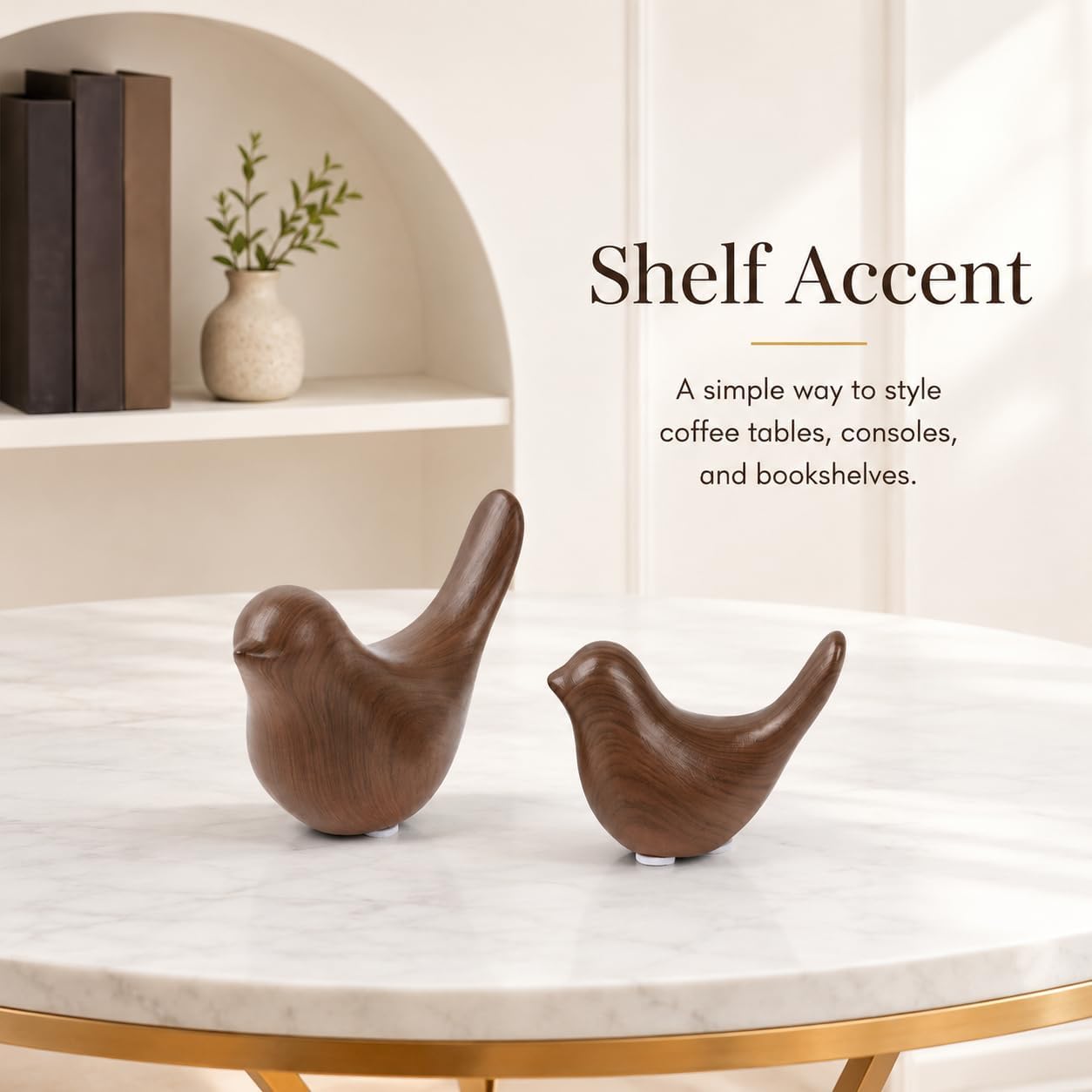 Ceramic Bird Figurines / Dark Wood Grain / Set of 2