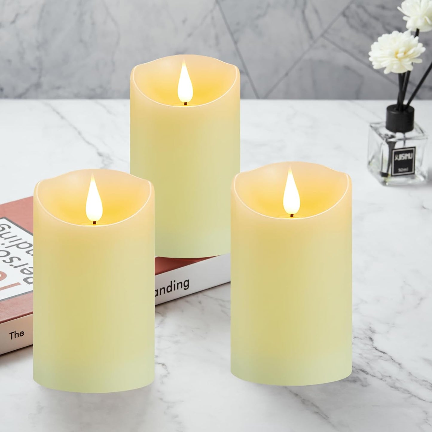 Flameless Candles with Rechargeable Battery, 3" x 4", Set of 2, Electronic Candles with Remote and Timer, led Pillar