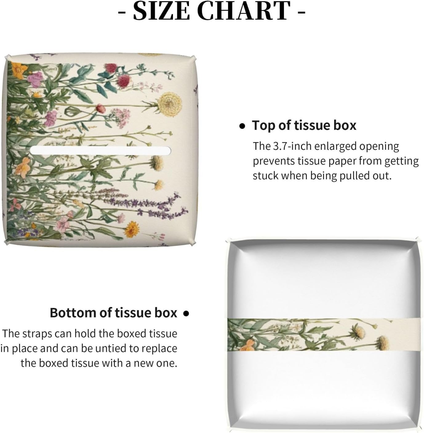 Tissue Box Cover Spring Summer Wild Flowers Florals Square Leather Tissue / Vintage Dandelion Herbs