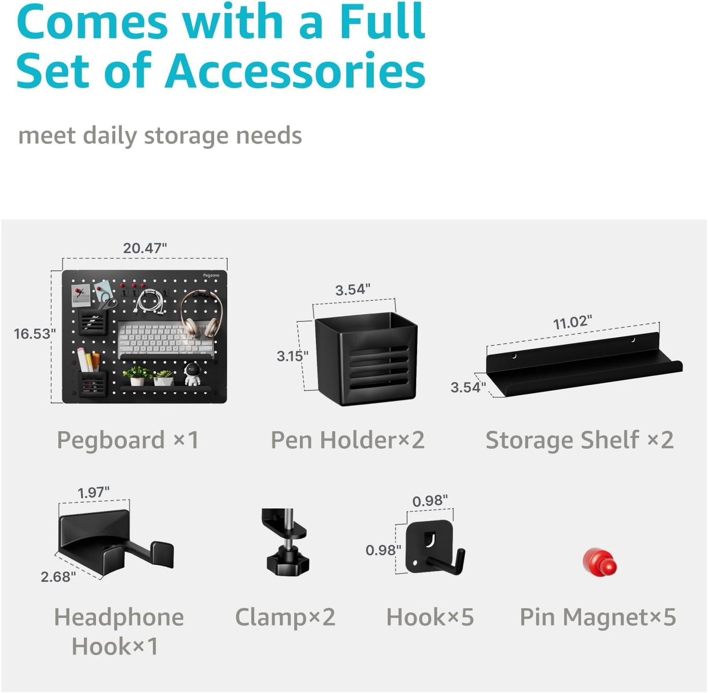 Clamp on Desk Pegboard, 20.4" x 16.5", with 15 Accessories, Black | Magnetic Metal Peg Board, Desk Organizer for Office