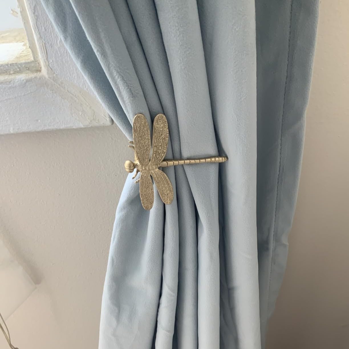 Set of 2 Dragonfly Curtain Holdbacks, Swag Holders for Windows, Antique Brass Curtain Tieback Wall Hook Pull Backs for