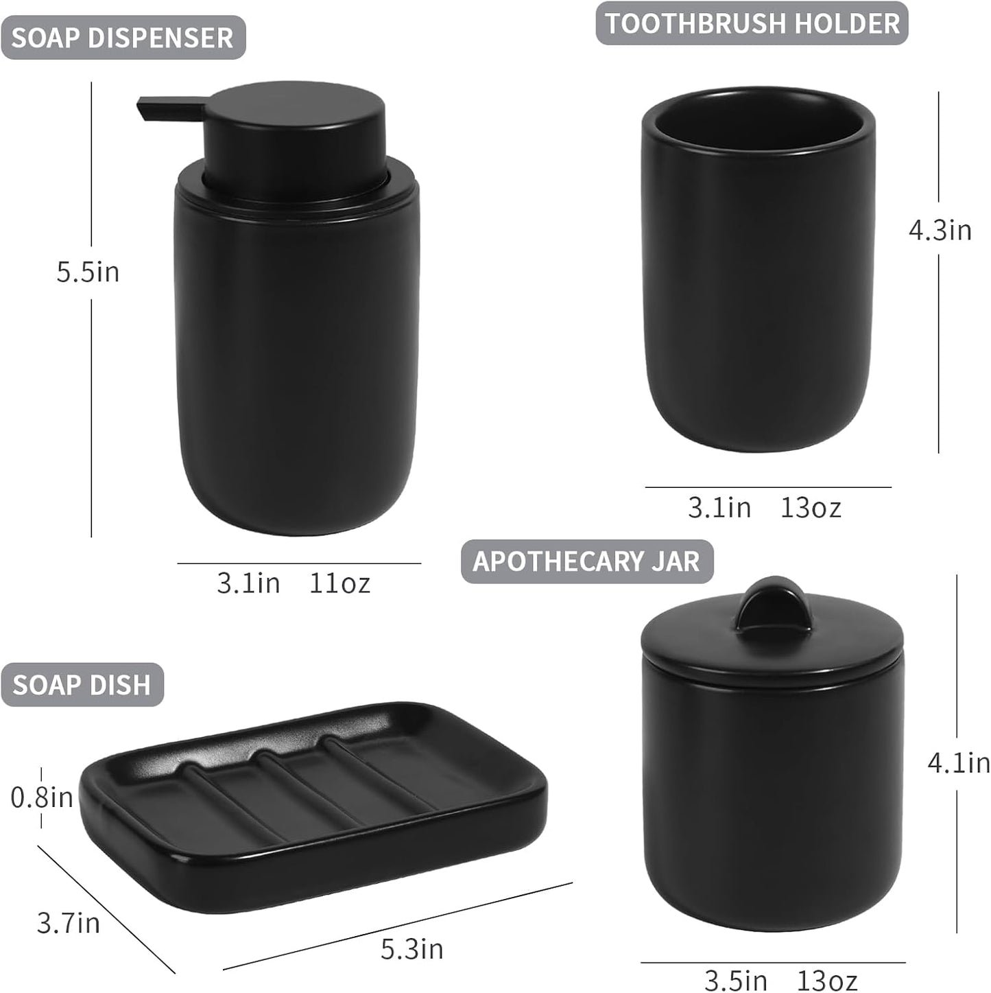 BosilunLife Black Ceramic Bathroom Accessories Set of 4 | Bathroom Decor Sets Accessories Bathroom Lotion Soap