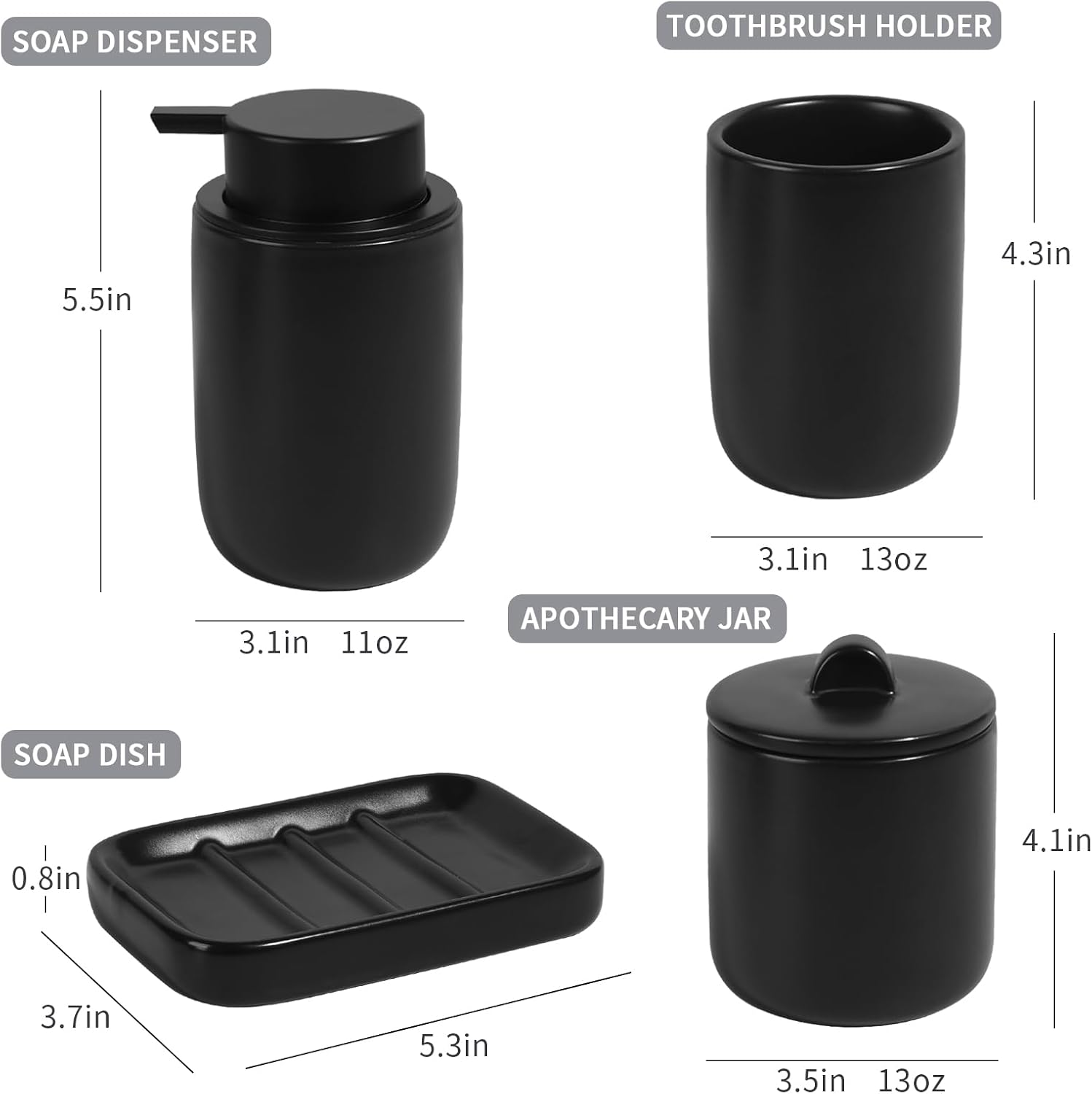 BosilunLife Black Ceramic Bathroom Accessories Set of 4 | Bathroom Decor Sets Accessories Bathroom Lotion Soap