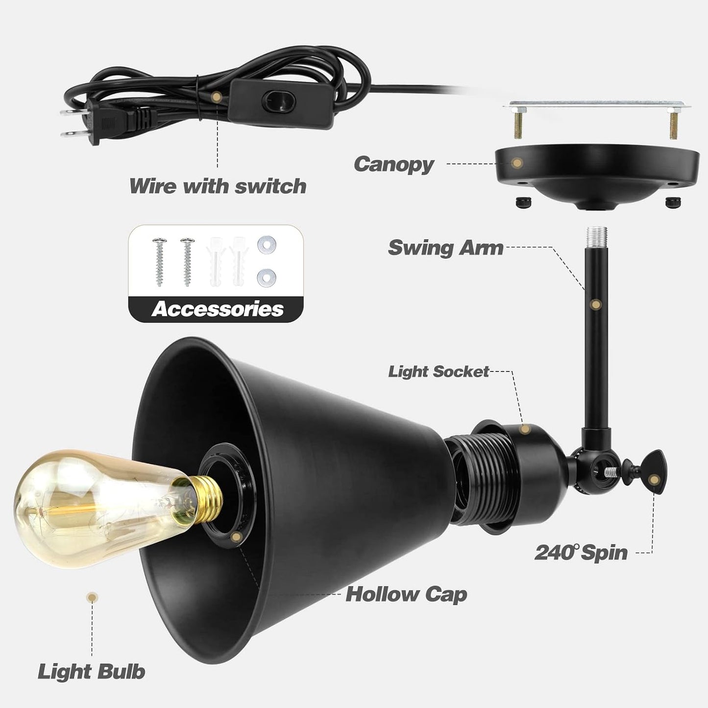 SLYYMY Plug in Wall Sconce, Black Wall Sconce, Industrial Vintage Wall Lamp | Swing Arm Plug in Wall Light with On Off