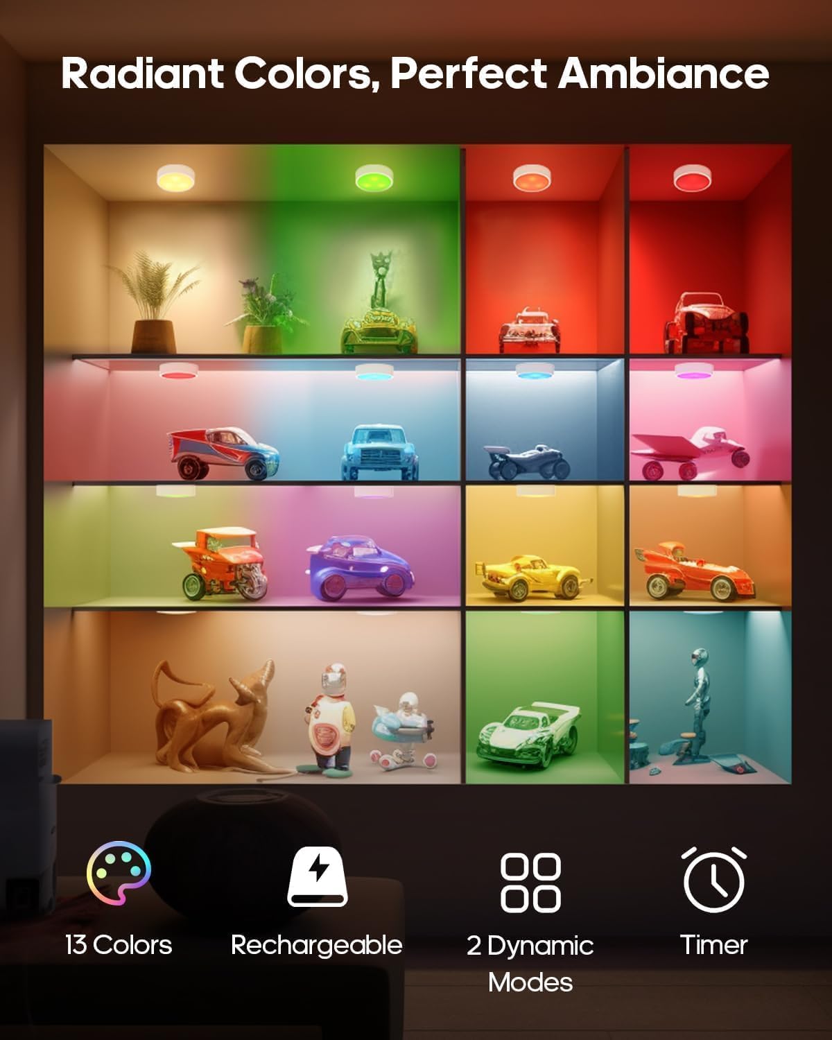 Puck Lights with Remote, Rechargeable White&13 RGB Colors Tap Lights, 6Pack | Under Cabinet Lights with Dimmer and