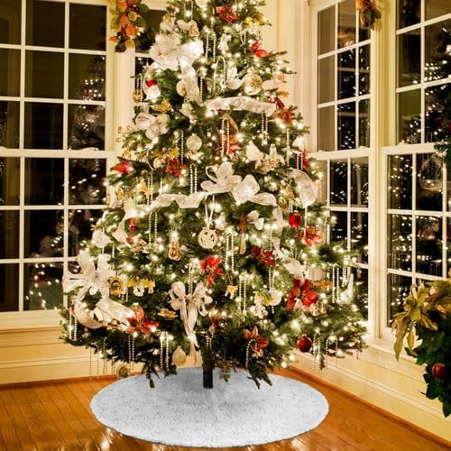 Christmas Tree Skirt 36 inch Silver Christmas Tree Skirt Embroidered Sequins Faux Fur for Xmas Holiday Home Party Decorations