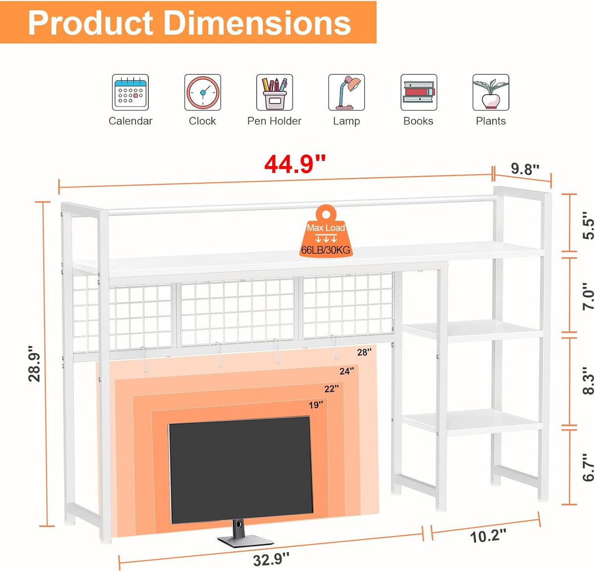 Snughome Desk Shelf, 44.9" Desktop Organizer Shelf, Desk Hutch for Computer Monitor, 4 Tier Desk Display Rack with