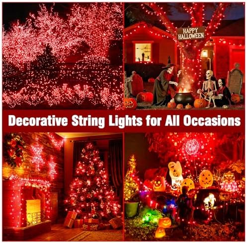 100FT Red Christmas String Lights, Green Wire LED, Plug-in Indoor Outdoor