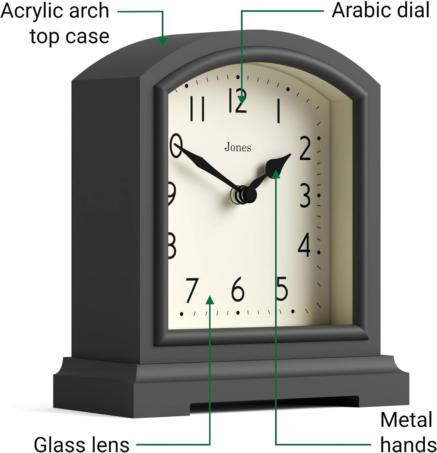 JONES CLOCKS® Tavern Mantel Clock | Modern Arch top Design | Dark Gray | Contemporary Classic Style for Desk, Table