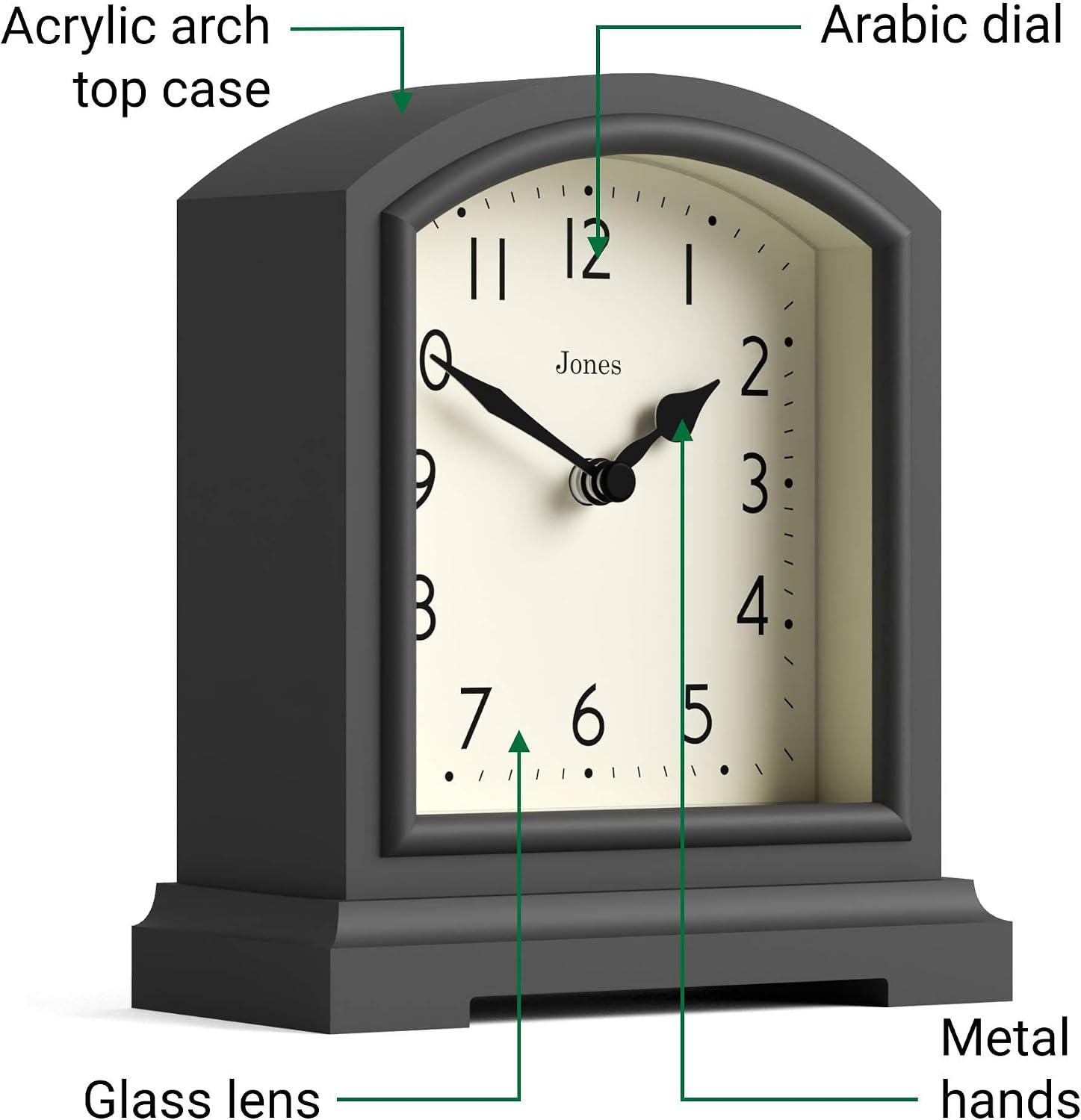 JONES CLOCKS® Tavern Mantel Clock | Modern Arch top Design | Dark Gray | Contemporary Classic Style for Desk, Table