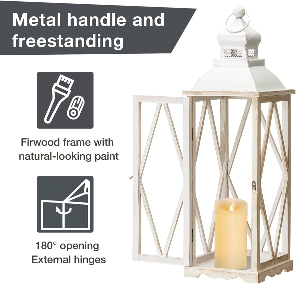Glitzhome Farmhouse White Wood Metal Lanterns Decorative Hanging Candle Lanterns Set of 2