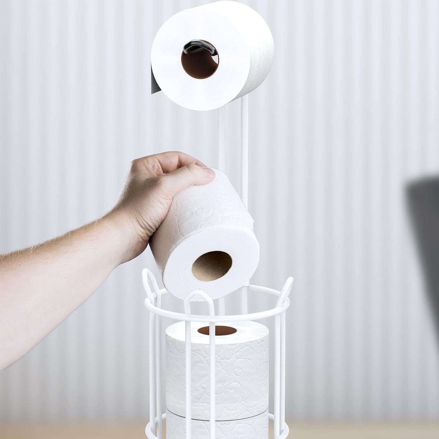 Meangood Toilet Paper Holder Stand and Tissue Paper Roll Dispenser for 4 Mega Rolls, Bathroom Free Standing Tissue Roll