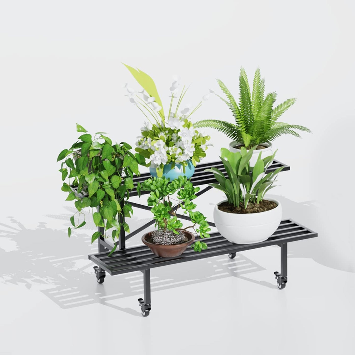 Zhongma 2 Tier Sturdy Metal Plant Stand with Wheels Heavy Duty Plant Holder for Home Indoor and Outdoor,L45.67 x W17.5