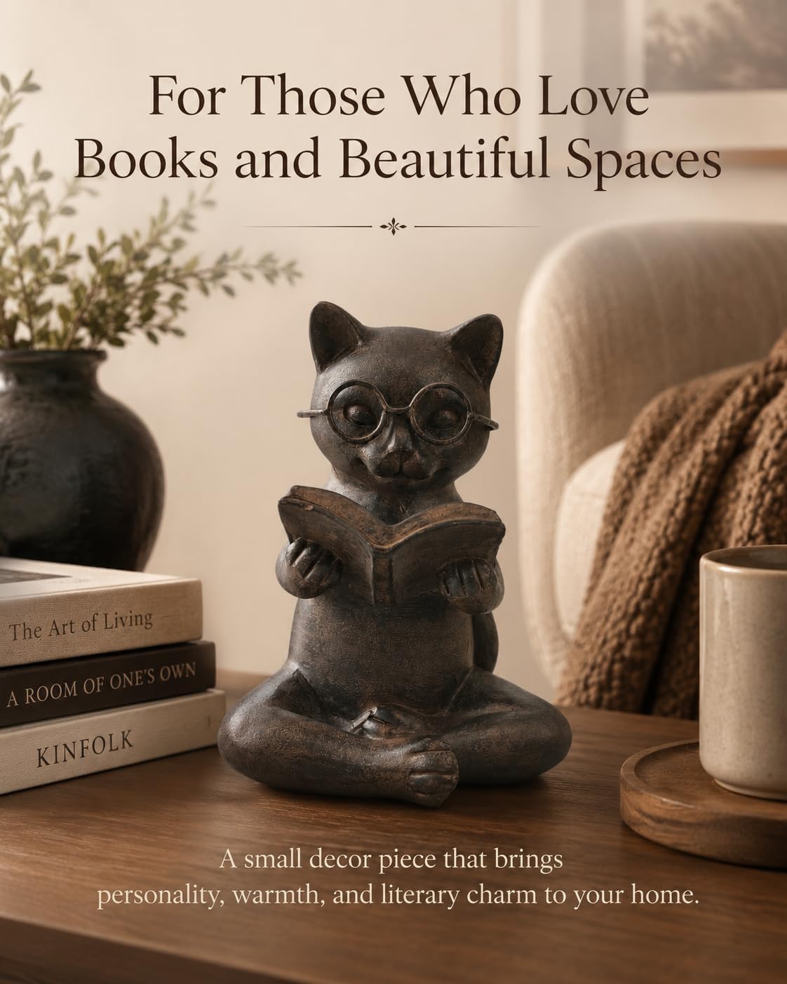 Cat Figurine Reading Book / Reading Cat / Bronze