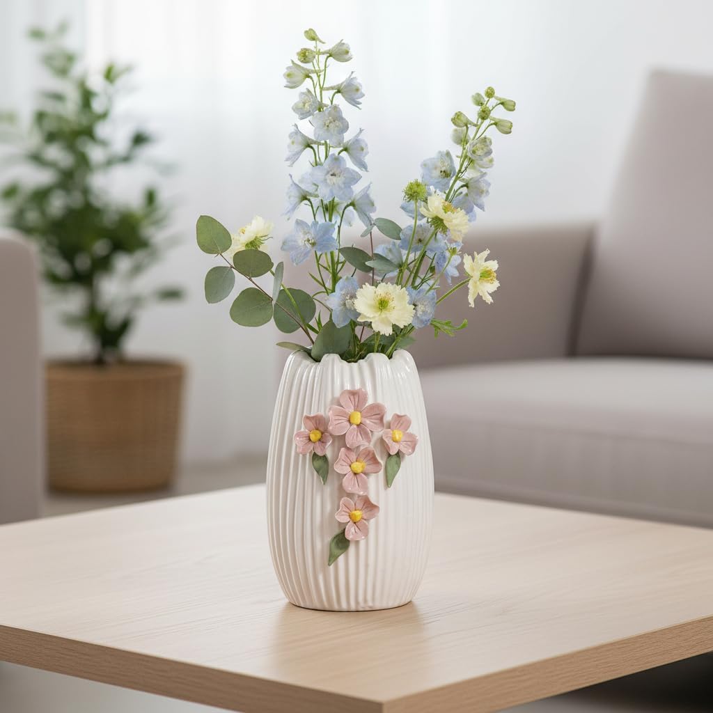 White Ceramic Flower Vase / White and Pink / 7 Inch