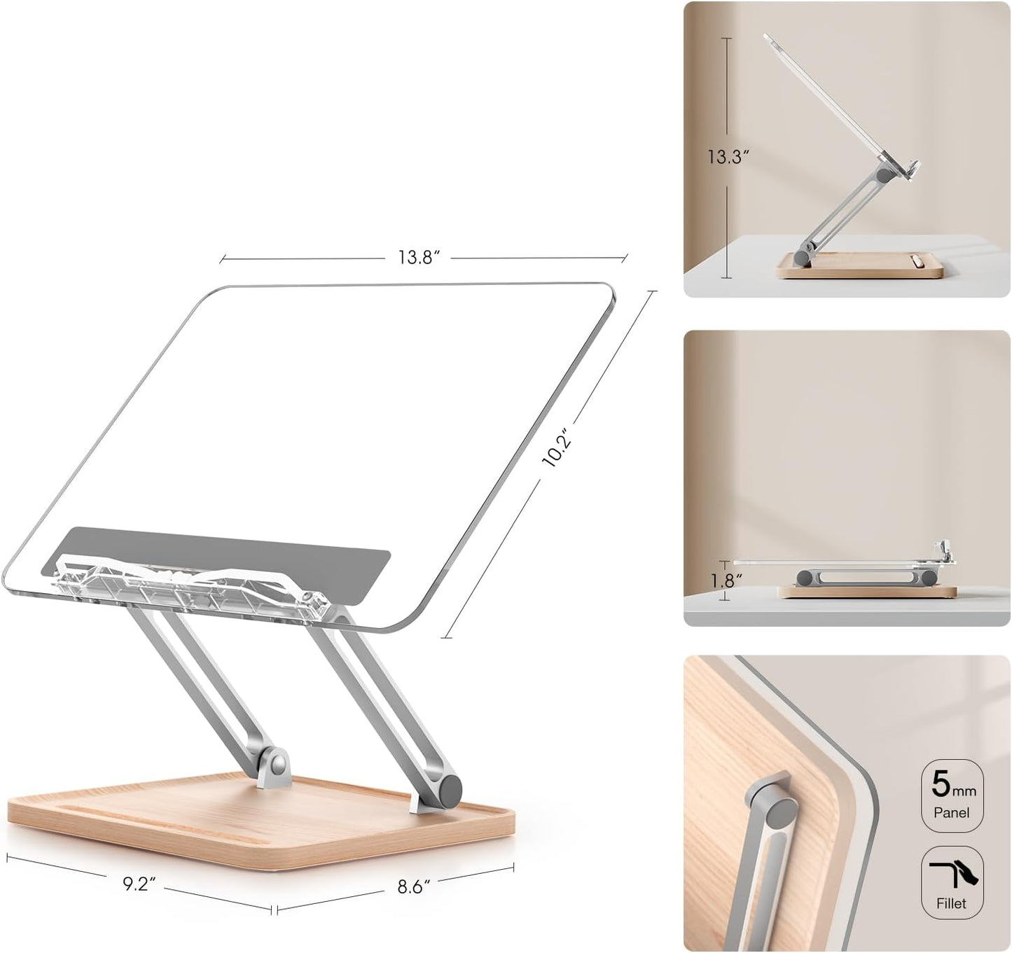 Acrylic Book Stand with Storage Base, Dual Aluminum Arm Reading Holder | Non-Slip Silicone Clips, Hands-Free Reading