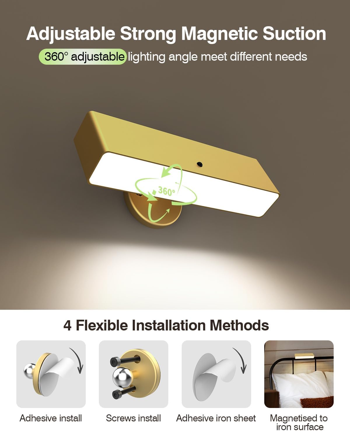 Battery Operated Wall Sconce Set of 2, Gold Rechargeable | Type-C 5V 1A charging, 360° rotation, 3000K/4000K/6000K