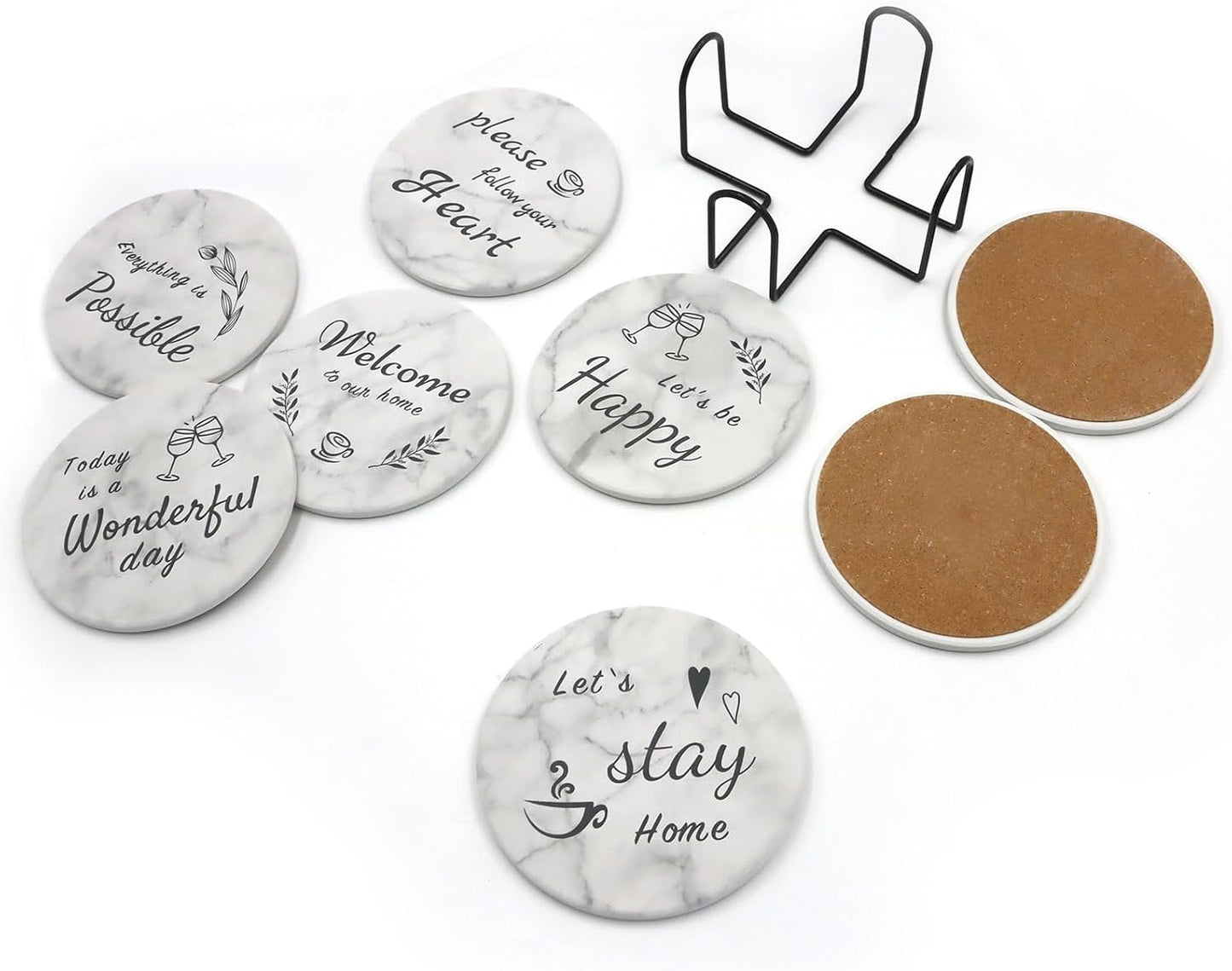 Holder / Round Marble Style Absorbent Farmhouse Coaster / Set of 8