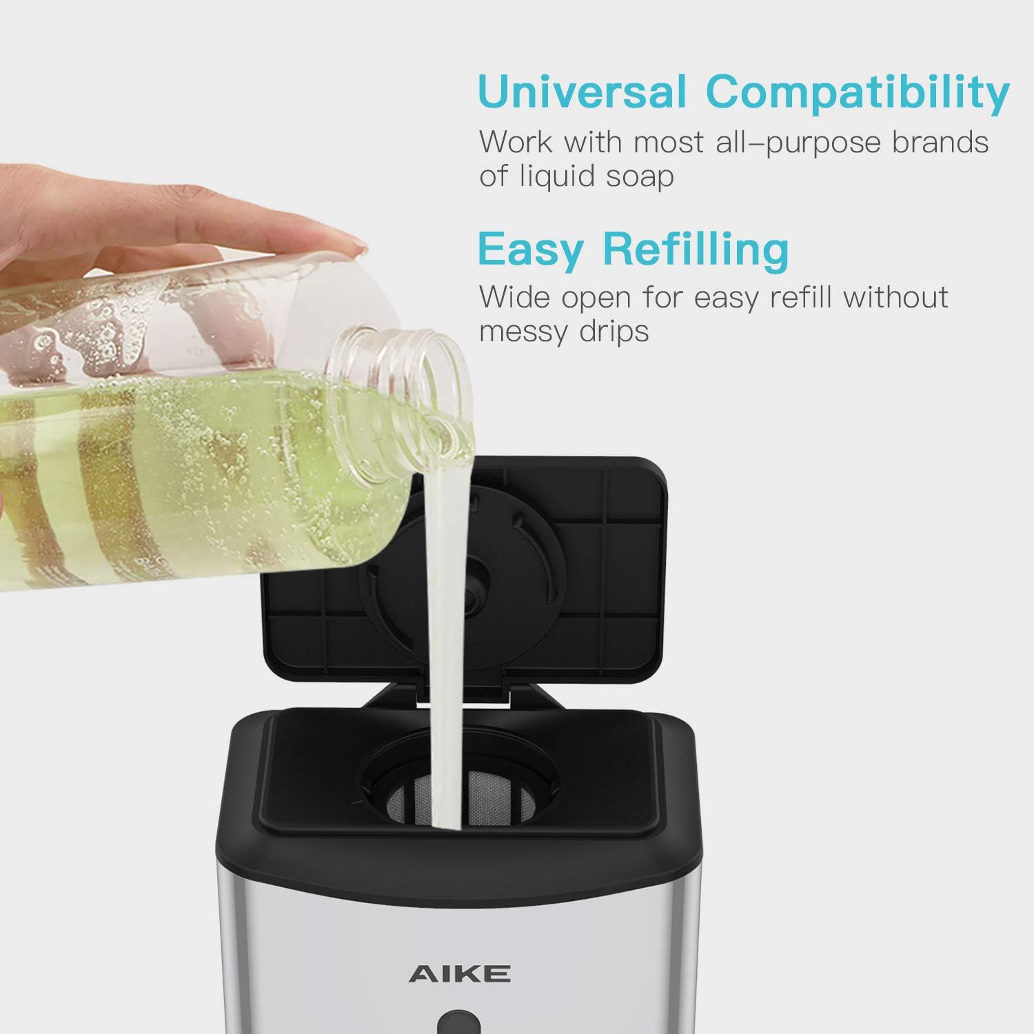 AIKE Heavy Duty Automatic Soap Dispenser,37oz for Bathroom,Polished Steel | 5-Level and Savety Key for Commercial(4*AA
