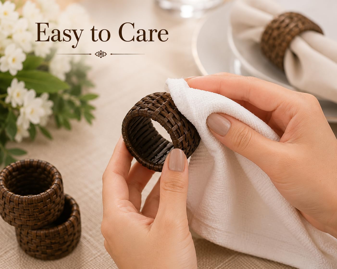 Jute Cane Napkin Rings, Woven, 12-Pack, Walnut | Plastic & cane, 2.25x2.25x1.5 in each, reusable, farmhouse, boho
