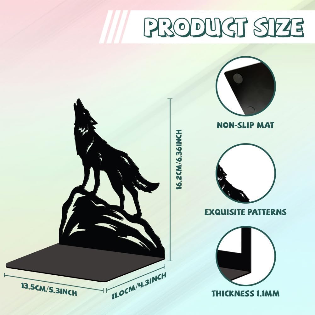 Metal Bookends / Modern Decorative Heavy Duty Study Book Support Stoppers / Howling Wolf