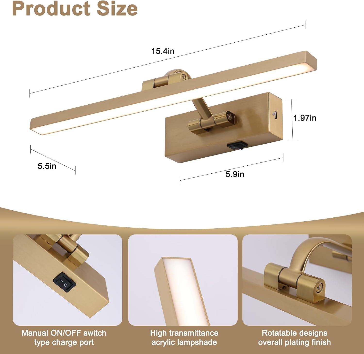 Wireless Picture Lights with Remote and Timer Brass Gallery Lighting Rechargeable Wireless Art Lights 3CCT Dimmable