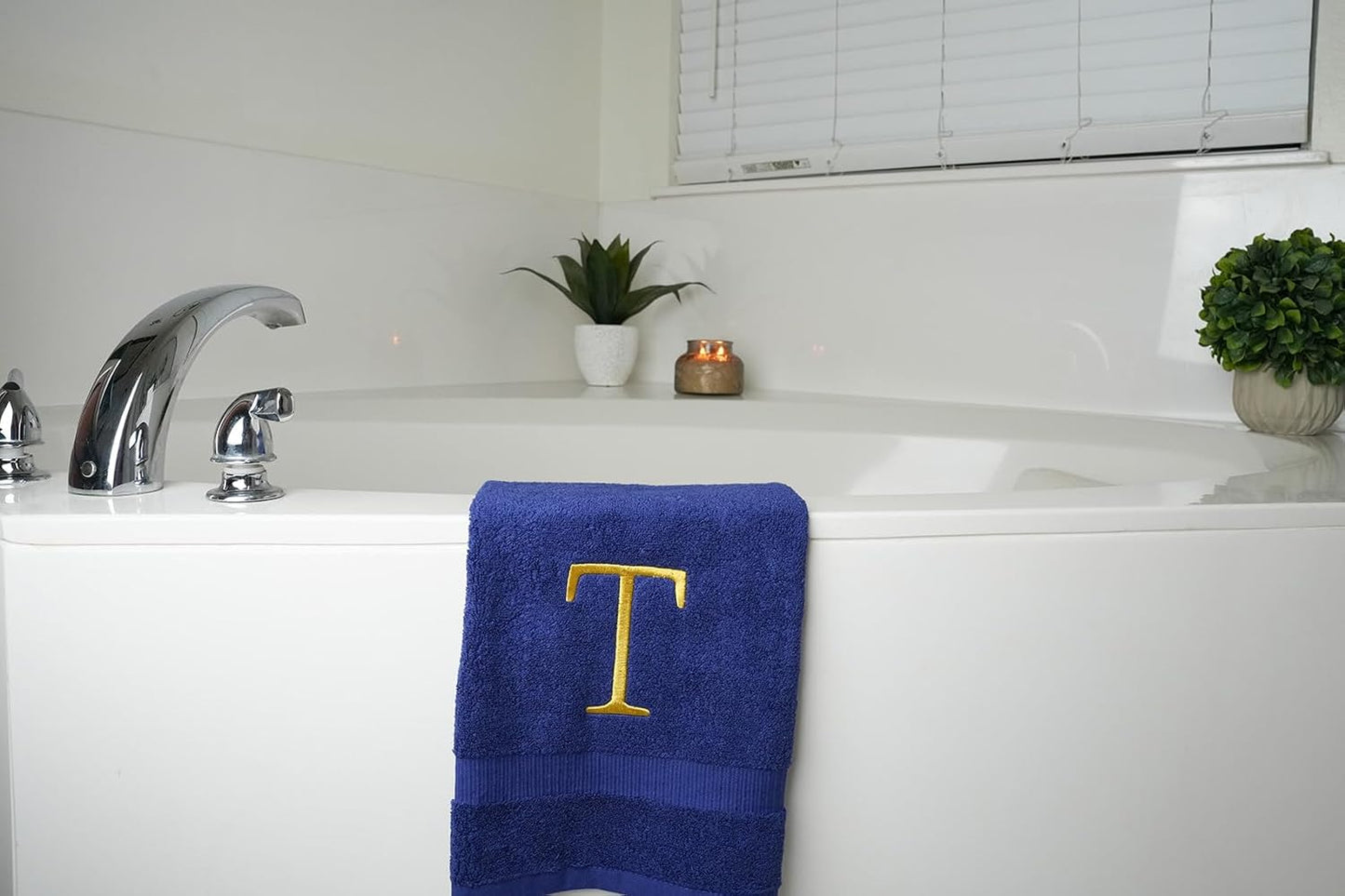 Navy with Gold Monogrammed Hand Towels for Bathroom - Set of 2 Letter T | Luxury Hotel Quality Initial Towels For