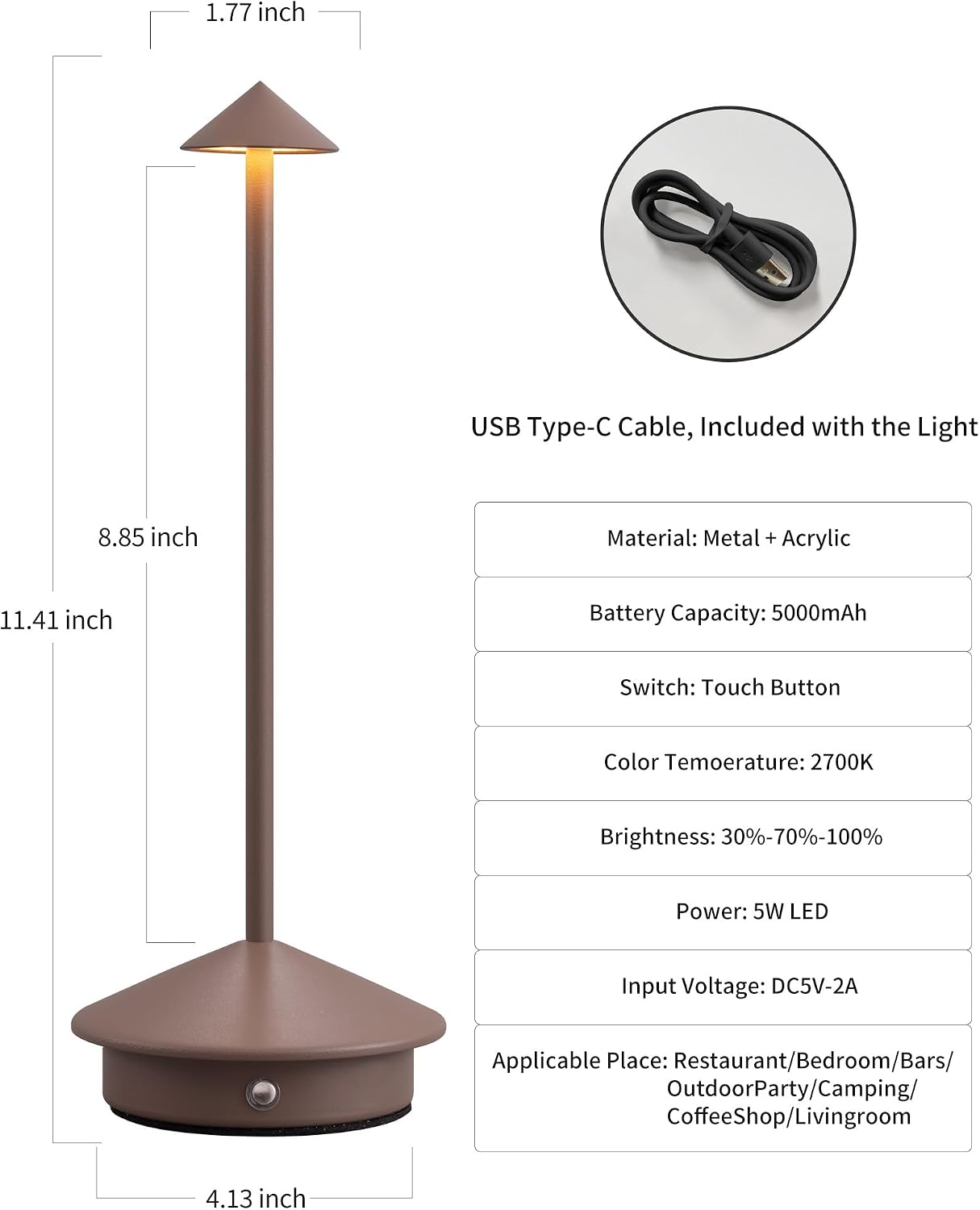 Modern Cordless Table Lamp Set of 2, Brown Portable LED Desk Lamps | 5000mAh, Rechargeable, Battery Operated Lighting