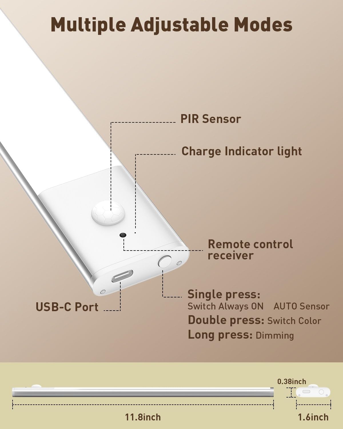 Under Cabinet Lighting Wireless Motion Sensor Light Indoor, 12" Rechargeable Kitchen Bar Lights, 300LM Ultra-Bright