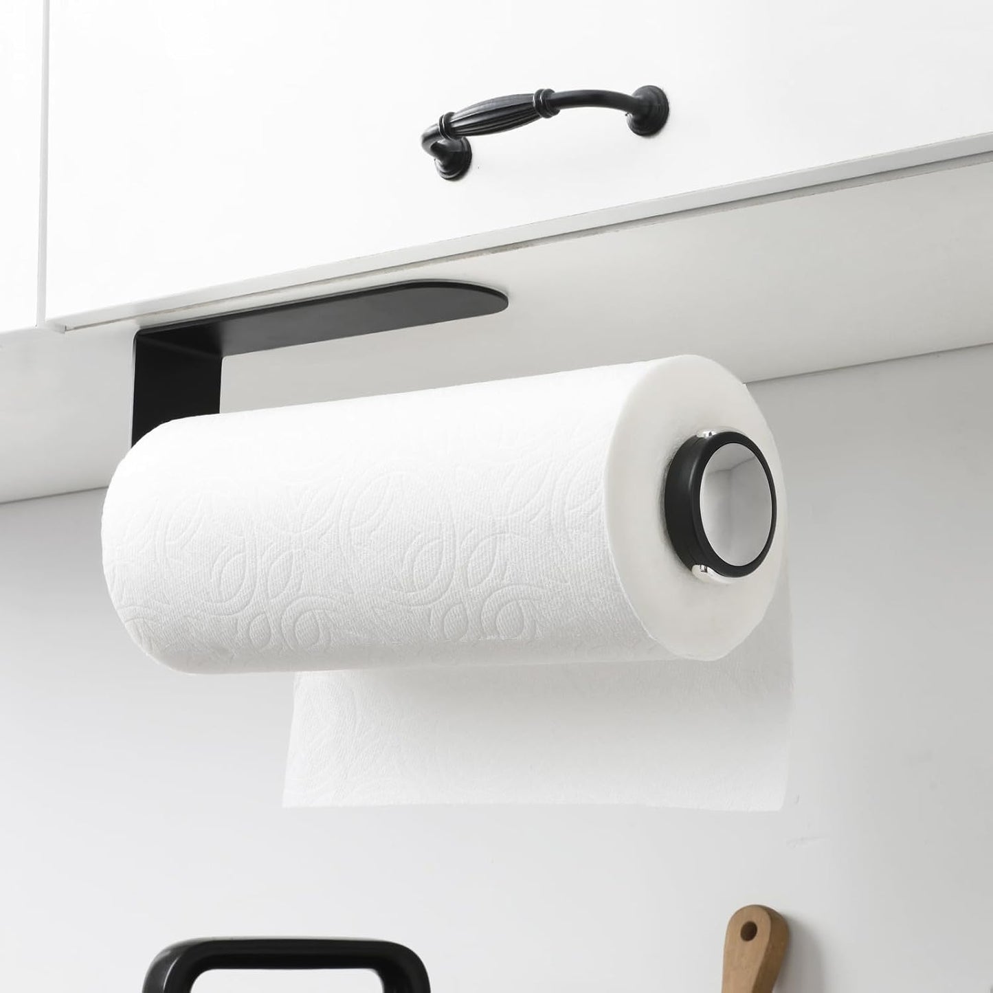 theaoo Under Cabinet Paper Towel Holder, One-Hand Tear, Wall Mount, Black | Quick Release Knob For Easy Roll Loading.