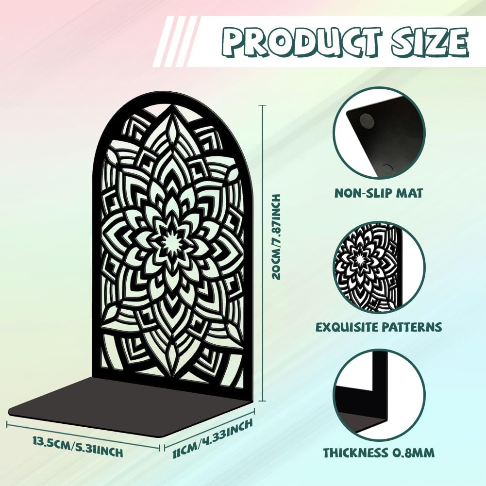Metal Bookends / Modern Decorative Heavy Duty Study Book Ends Stoppers / Mandala Pattern