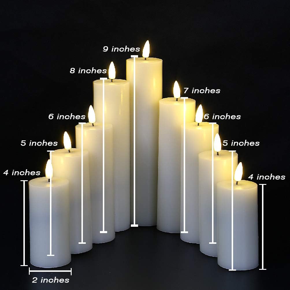 Ivory Tall Flameless LED Pillar Candles with Remote Set of 9 | 2 AA Battery Operated, Fireplace Candles Wedding Home