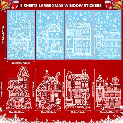 AhfuLife Large Christmas Window Clings Decorations, 27 x 15 in, 4 Sheets Double Side Xmas Snowflake White House Window Decals Stickers for Home Party Indoor Shop Decorations