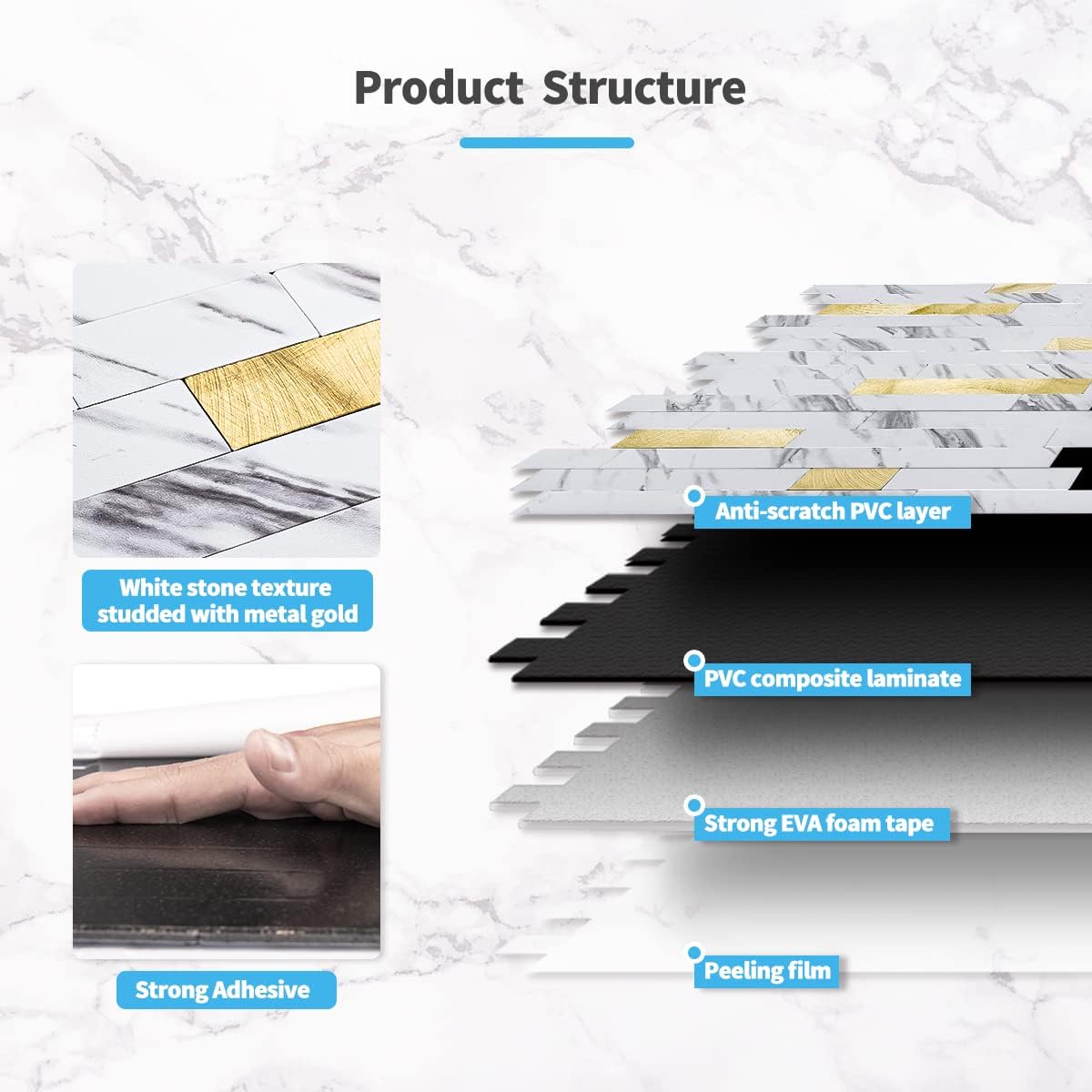 10-Sheet Peel and Stick Backsplash Tile / White Slate with Gold Studded / 13.4 x 11.8 / Set of 10