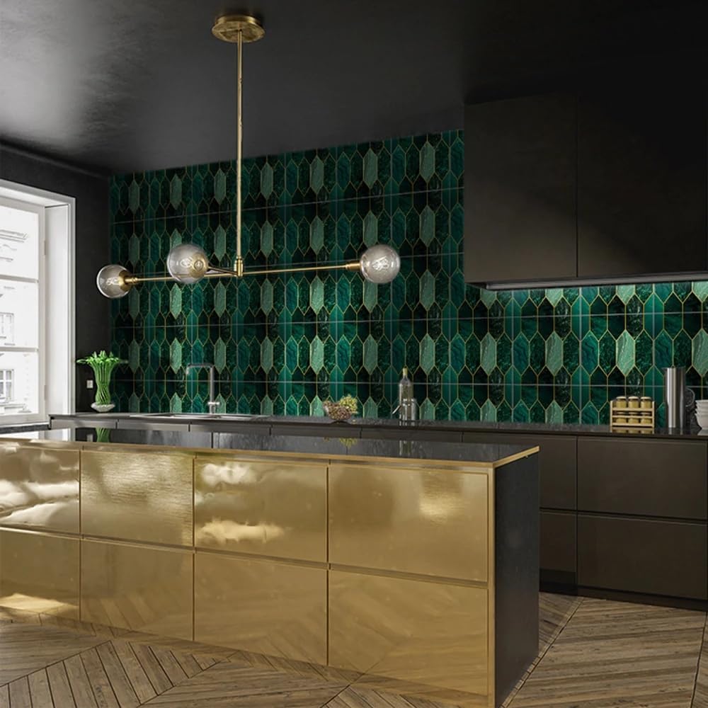 Gilding Marble PVC Adhesive Tile Peel and Stick Thick / 7.87 x 7.87 / Green / Set of 10