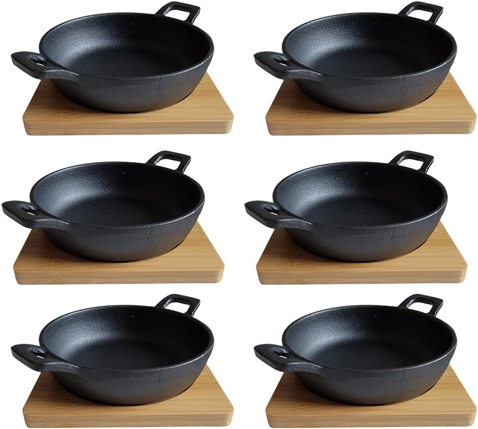 HAWOK Cast Iron Mini Serving Bowl Dia 4.7 inch with Bamboo Tray set of 6