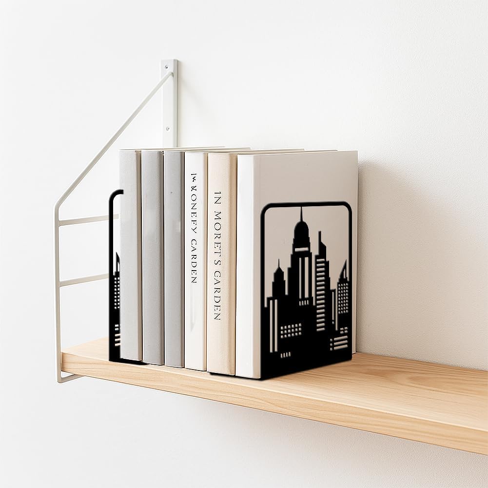 Metal Bookends Heavy Duty Book Shelf Holders City / Skyline Tall Buildings / Black / Set of 2