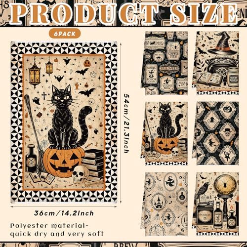 Ganeen 6 Pcs Halloween Kitchen Towels Set, Black Cat Pumpkin Dish Towels