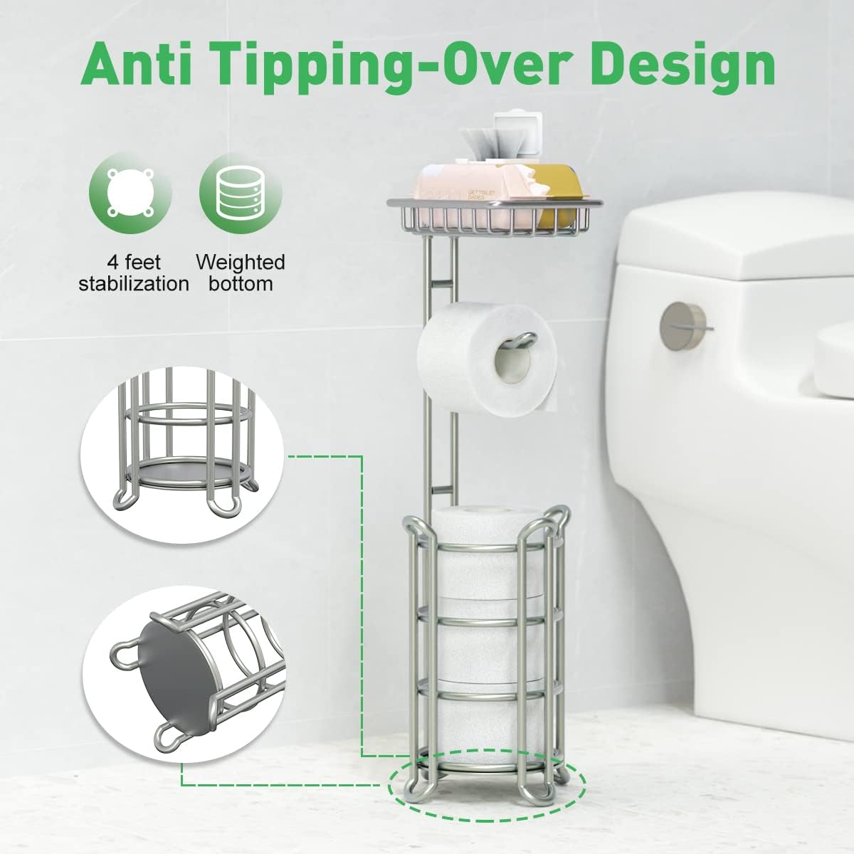 Toilet Paper Holder Stand Bathroom Tissue Dispenser Holders Rack Free Standing with Extra Shelf Storage Mega
