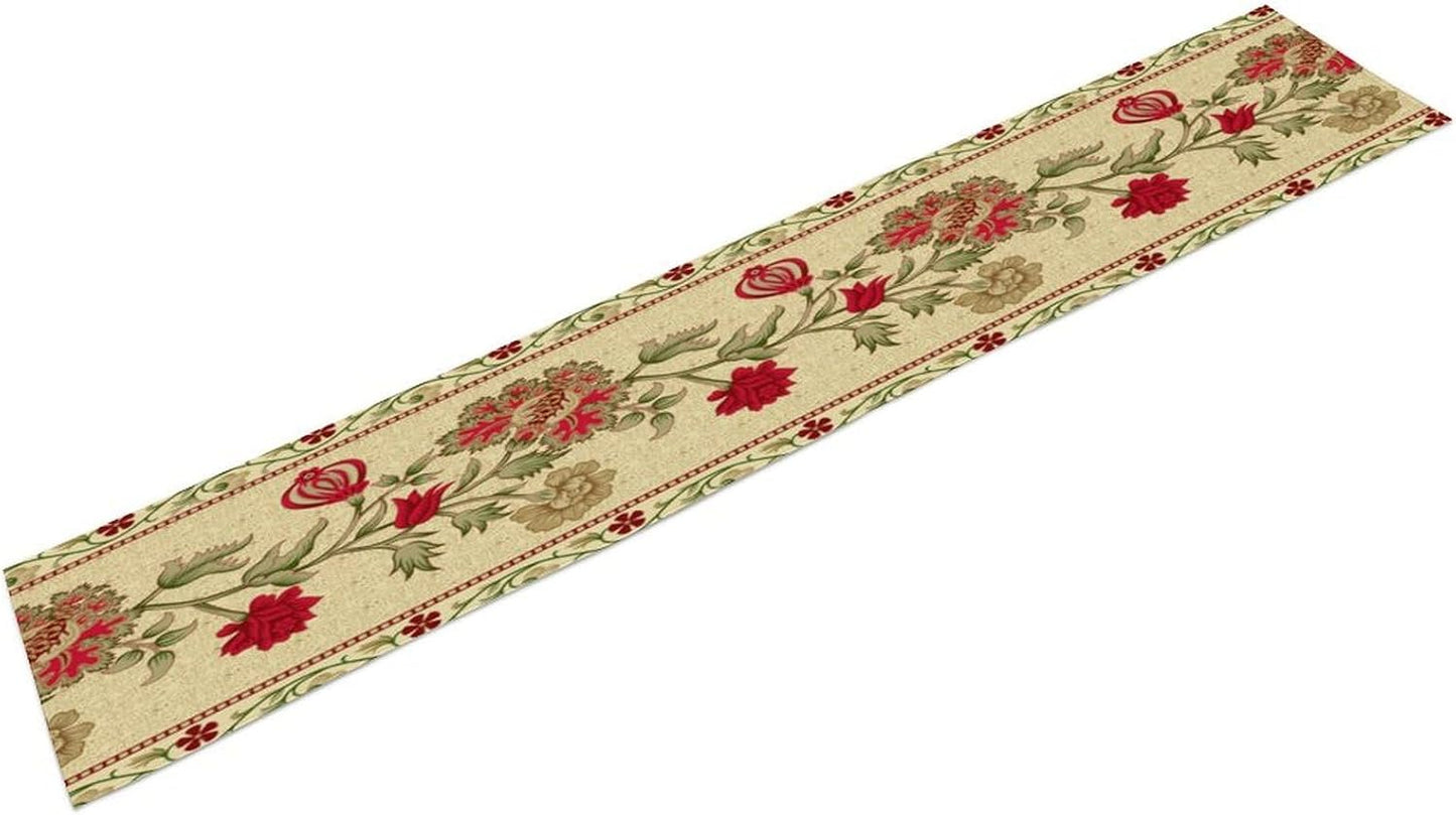 Rustic Floral Table Runner, Ethnic Style Leaf Flower Art Design Patterns Printed Linen Table Runner for Home Kitchen