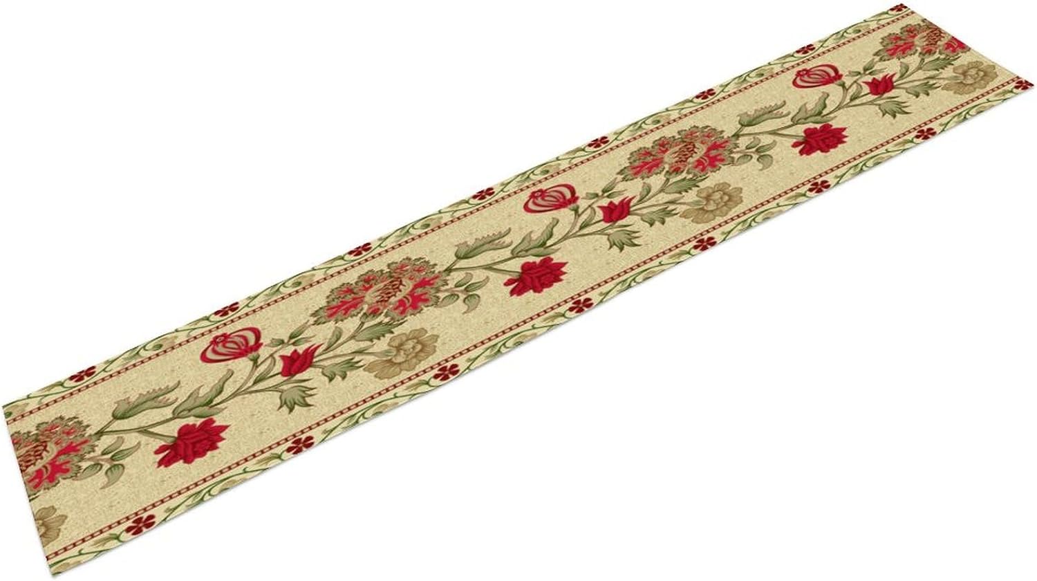 Rustic Floral Table Runner, Ethnic Style Leaf Flower Art Design Patterns Printed Linen Table Runner for Home Kitchen