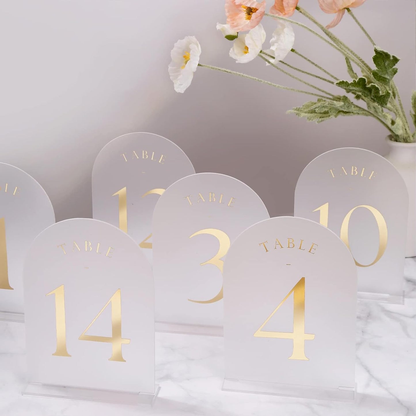 UNIQOOO Frosted Arch Wedding Table Numbers with Stands 1-30, Gold Foil Printed 5x7 Acrylic Display Signs and Holders