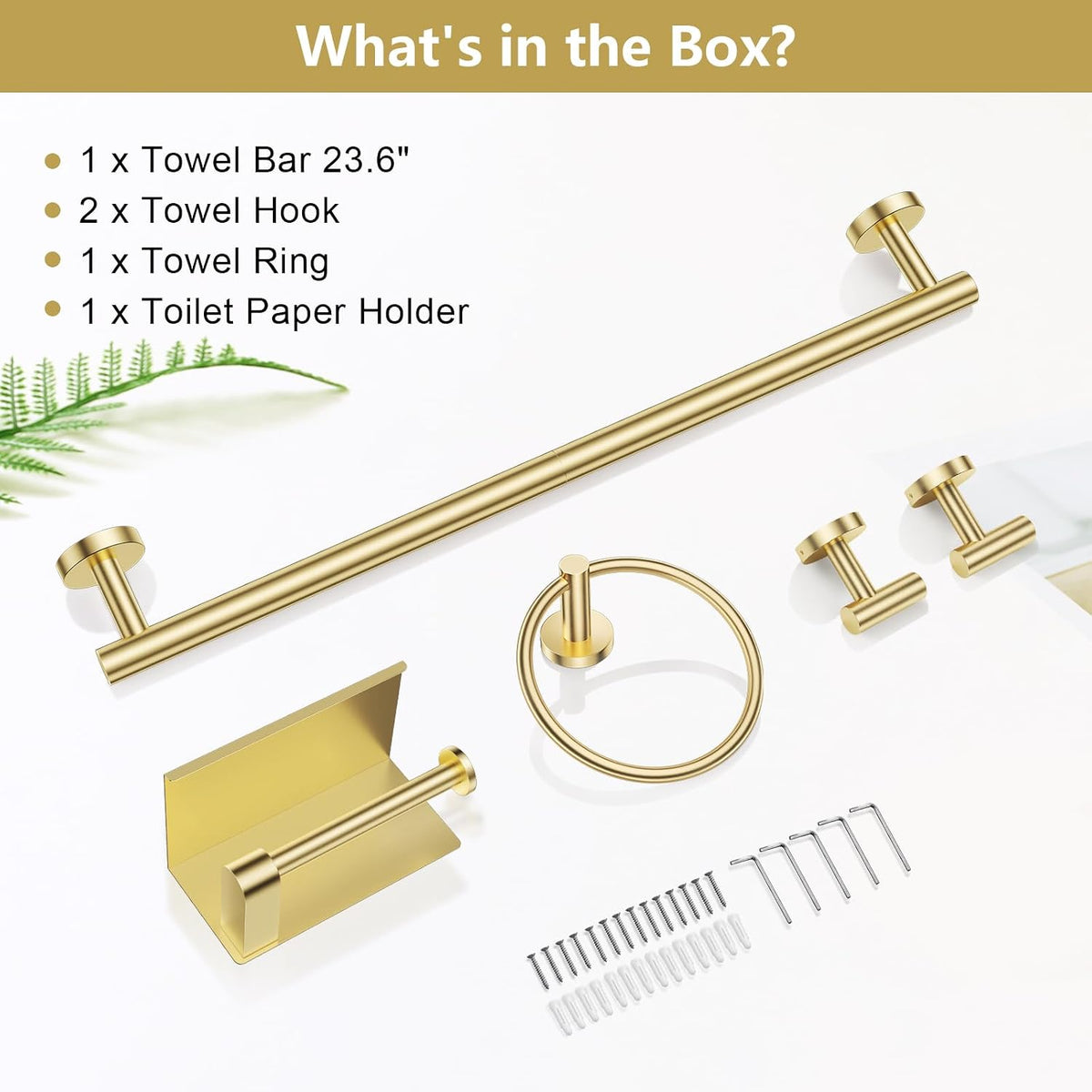 TQKAG 5 Piece Bathroom Hardware Set, Brushed Gold Bathroom Accessories | SUS304 Stainless Steel, 23.6" Brushed Gold