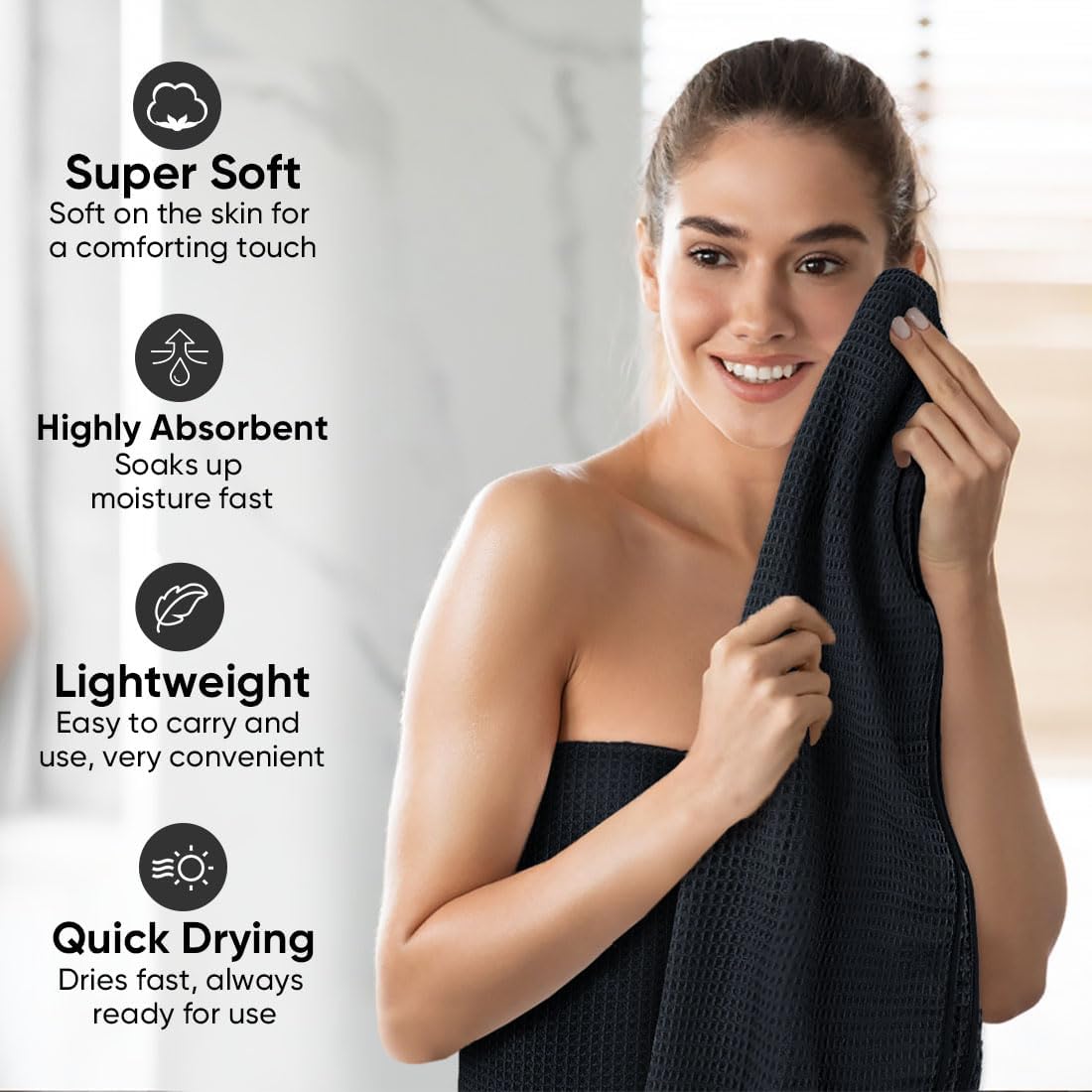 HOMEXCEL Black Waffle Bath Towels Set of 4 Pack, Waffle Towels for Bathroom | 400GSM Microfiber Waffle Bathroom Towel