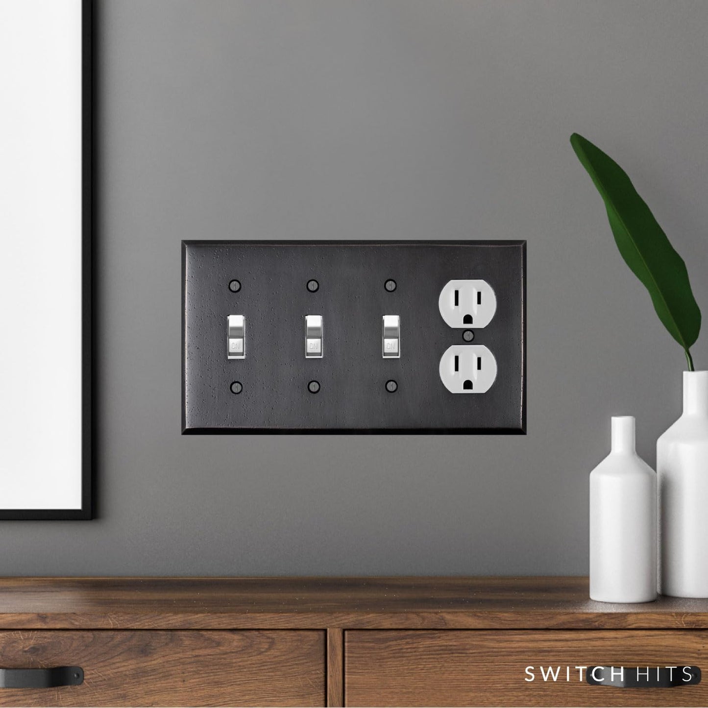 Distressed Antique Bronze Outlet Wall Plate | 3 Toggle - 1 Duplex | 8.25" x 4.5" | Hand-Polished Brass Construction