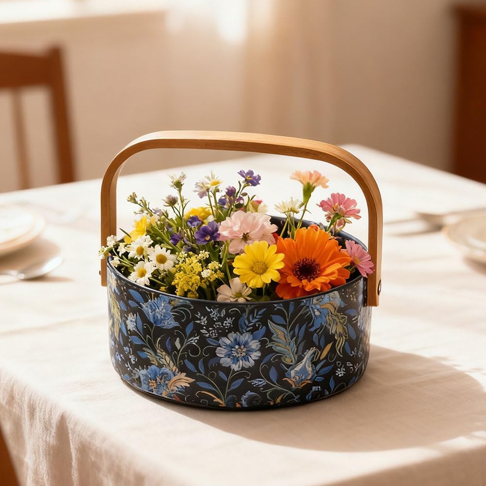 Wooden Handle Decorative Bowl Flower Basket Kitchen & Dining Table Office Room Decor / Black