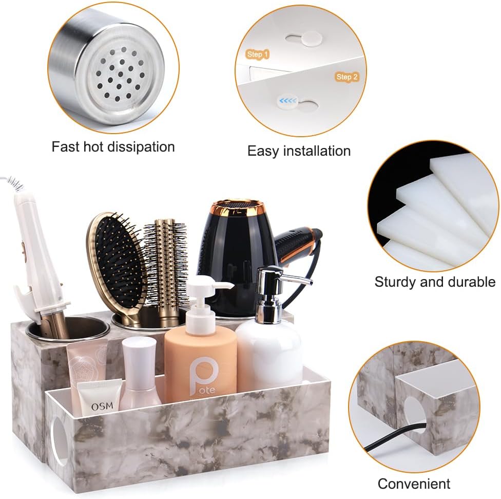 GFWARE Hot Hair Styling Tool Organizer with 3 Stainless Steel Cups, Marble | Hair Accessories Bathroom Vanity Storage