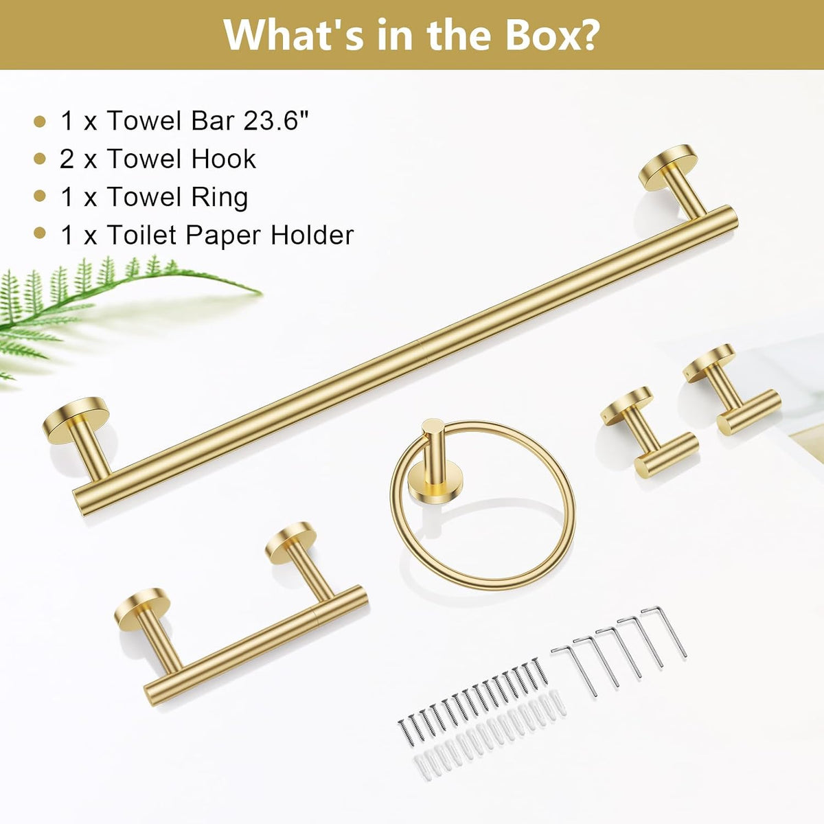 TQKAG Brushed Gold Bathroom Accessories, 5 Piece Towel Racks for Bathroom | 23.6" Bathroom Hardware Set, SUS304